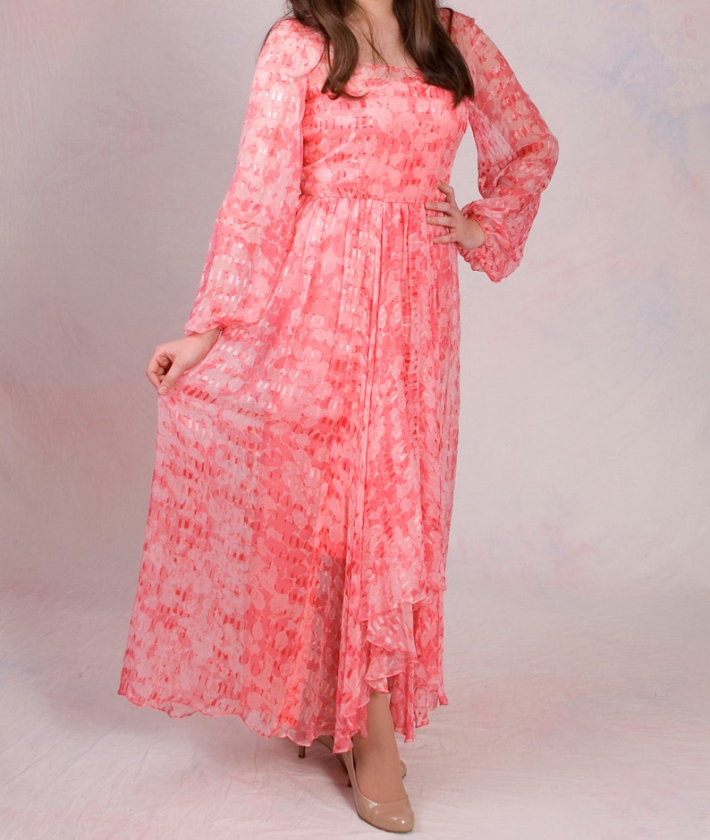 Vintage 1960's Pink Silk Long Sleeve Boho Asymmetrical Maxi Dress Size M image 7