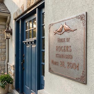 以下が含まれることがあります： 「HOUSE OF ROGERS ESTABLISHED MARCH 28, 2004」の文字と2羽の鳥が描かれた、ブロンズ色の金属製の家のプレート。 青いドアの隣の、テクスチャ加工された明るい色の壁に取り付けられています。