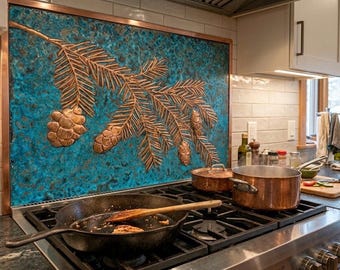 Decoración de pared artesanal de cobre con forma de rama de pino, panel para salpicadero de cocina inspirado en la naturaleza, decoración rústica para estufa.