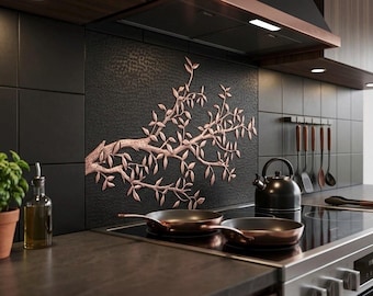 Azulejo de pared de cobre martillado a mano con forma de rama de árbol, decoración rústica de cocina