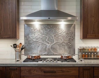 Hand hammered Copper Kitchen Backsplash Tile, Tree of Life Wall Panel, Rustic Stove Backsplash