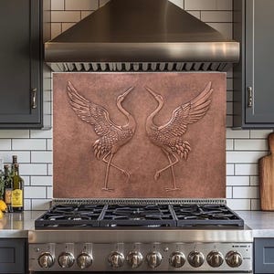 Copper Crane Backsplash Panel, Custom Kitchen Stove Wall Art