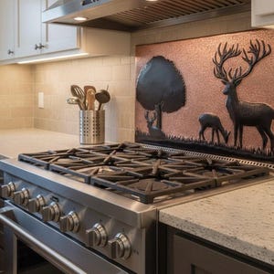 Copper Backsplash Deer Family Wildlife Scene, Rustic Copper Kitchen decor