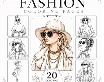 May include: A coloring book titled "Fashion Coloring Pages" features illustrations of stylish women wearing sunglasses and fashionable outfits. The cover includes a central portrait and smaller images, with a circular emblem stating "20 Coloring Pages".