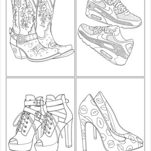 May include: A black and white line art coloring page featuring four distinct footwear styles: a pair of floral-patterned cowboy boots, two athletic sneakers, a pair of lace-up platform high-heeled booties, and a pair of high-heeled pumps with a lip print.