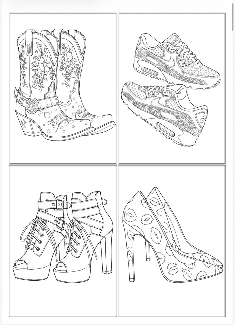 May include: A black and white line art coloring page featuring four distinct footwear styles: a pair of floral-patterned cowboy boots, two athletic sneakers, a pair of lace-up platform high-heeled booties, and a pair of high-heeled pumps with a lip print.