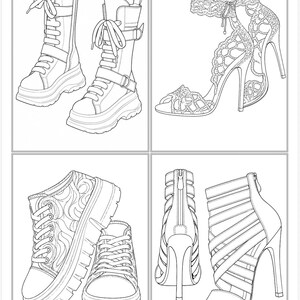 May include: A black and white line art illustration featuring four distinct footwear styles: a pair of lace-up platform boots, a pair of high-heeled lace sandals, a pair of platform sneakers with swirl patterns, and a pair of strappy high-heeled sandals.