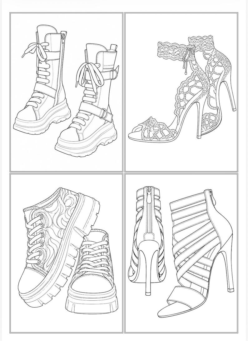 May include: A black and white line art illustration featuring four distinct footwear styles: a pair of lace-up platform boots, a pair of high-heeled lace sandals, a pair of platform sneakers with swirl patterns, and a pair of strappy high-heeled sandals.