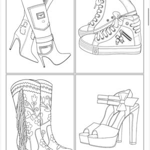May include: A black and white line art illustration featuring four distinct footwear styles: a pair of high-heeled stiletto boots, a pair of high-top sneakers with skull charms, a pair of tall boots with floral embroidery and fringe, and a pair of platform sandals.
