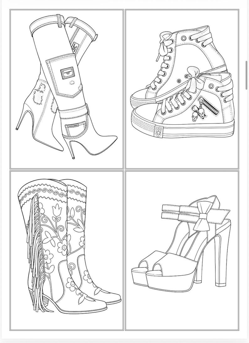 May include: A black and white line art illustration featuring four distinct footwear styles: a pair of high-heeled stiletto boots, a pair of high-top sneakers with skull charms, a pair of tall boots with floral embroidery and fringe, and a pair of platform sandals.