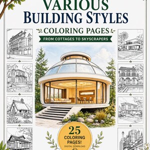 Various Building Styles Coloring Pages – From Cottages to Skyscrapers I instant download coloring