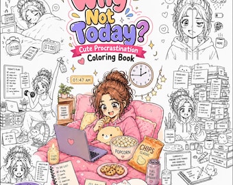 May include: A digital coloring book titled "Why Not Today? Cute Procrastination Coloring Book." The cover features cartoon illustrations of a woman in various scenarios, including in bed, exercising, and working. The book includes 6 pages and is available as an instant download.