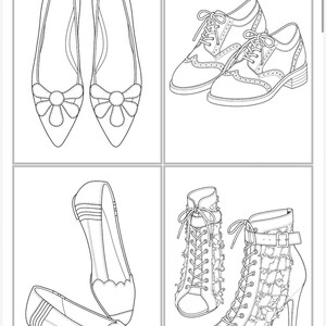 May include: A black and white line art illustration featuring four distinct shoe styles: a pair of pointed-toe flats with flower accents, a pair of lace-up brogues, a pair of scalloped-edge flats, and a pair of high-heeled, lace-up open-toe boots.