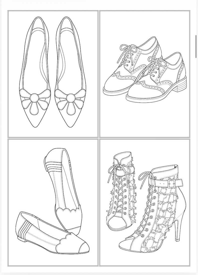 May include: A black and white line art illustration featuring four distinct shoe styles: a pair of pointed-toe flats with flower accents, a pair of lace-up brogues, a pair of scalloped-edge flats, and a pair of high-heeled, lace-up open-toe boots.