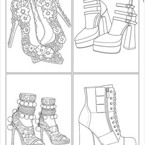 May include: A black and white line art illustration featuring four distinct footwear designs: a pair of floral-covered high heels, a pair of platform heels with triple straps, a pair of embellished sandals with pom-poms, and a lace-up platform boot.
