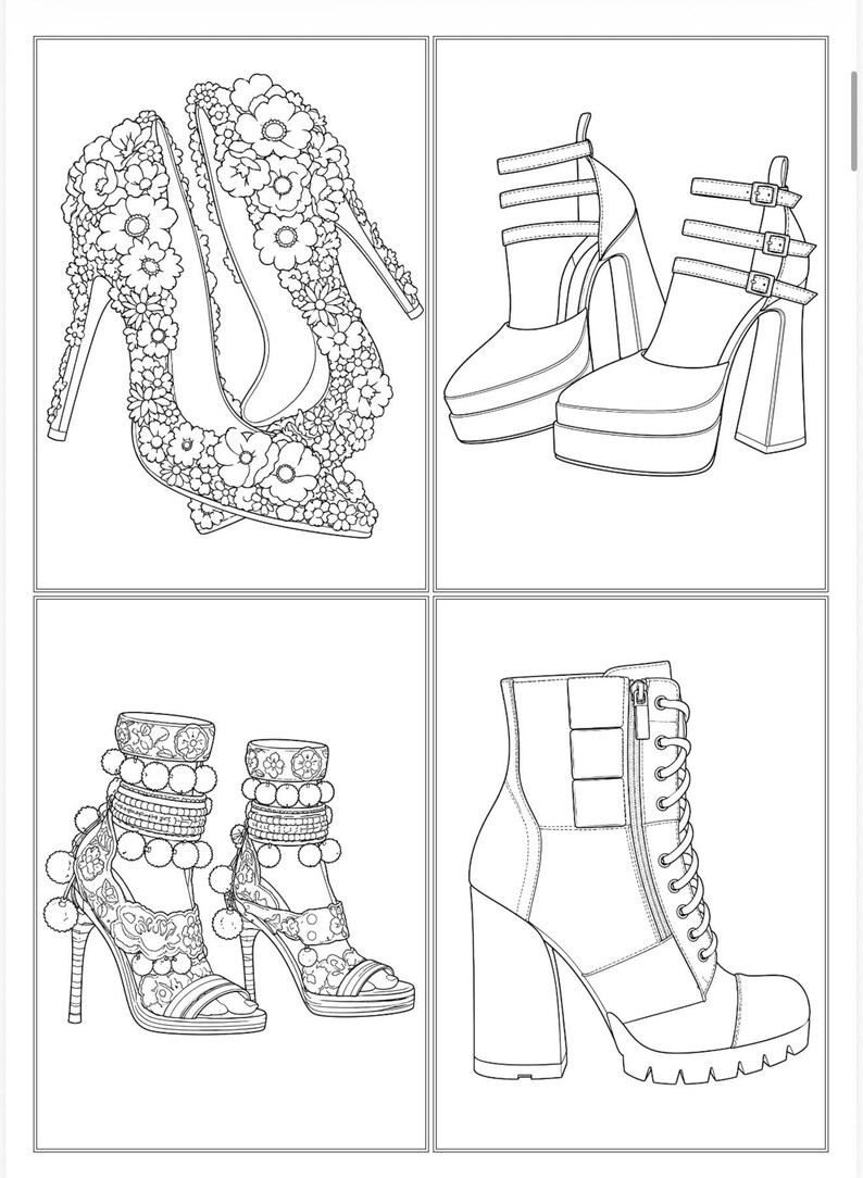 May include: A black and white line art illustration featuring four distinct footwear designs: a pair of floral-covered high heels, a pair of platform heels with triple straps, a pair of embellished sandals with pom-poms, and a lace-up platform boot.