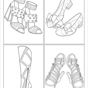 May include: A black and white line art illustration featuring four distinct footwear styles: a pair of studded ankle-strap sandals, a pair of polka-dot pumps with bows, a tall knee-high boot with geometric paneling, and a pair of beaded strappy sandals.