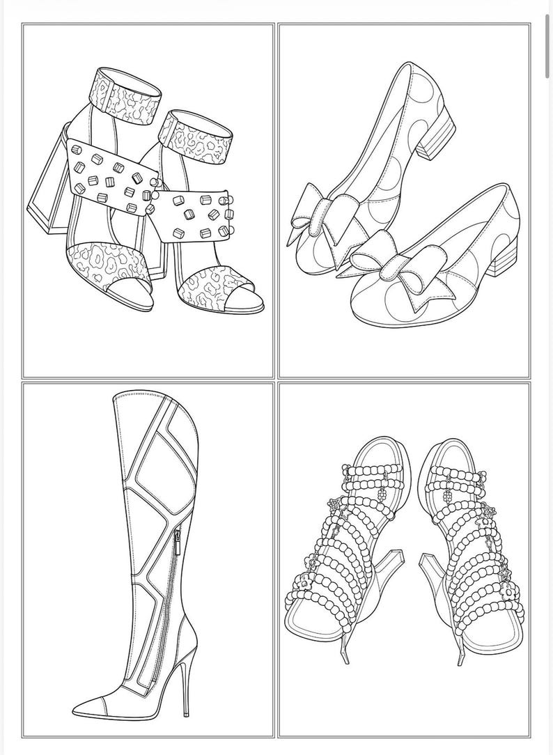 May include: A black and white line art illustration featuring four distinct footwear styles: a pair of studded ankle-strap sandals, a pair of polka-dot pumps with bows, a tall knee-high boot with geometric paneling, and a pair of beaded strappy sandals.