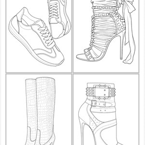 May include: A black and white line art illustration featuring four distinct footwear styles: a pair of lace-up sneakers, a high-heeled sandal with ribbon ties and lace trim, a pair of tall crocodile-textured boots, and a high-heeled ankle boot with buckles.
