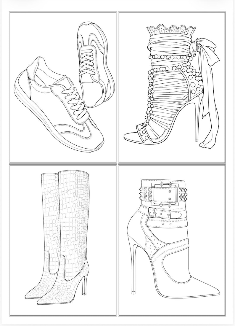 May include: A black and white line art illustration featuring four distinct footwear styles: a pair of lace-up sneakers, a high-heeled sandal with ribbon ties and lace trim, a pair of tall crocodile-textured boots, and a high-heeled ankle boot with buckles.