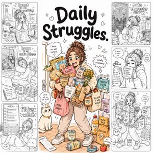 May include: A black and white illustration titled "Daily Struggles" depicts a woman overwhelmed with groceries, surrounded by relatable daily life scenarios. The image includes text such as "I want to do everything" and "I'll just watch."