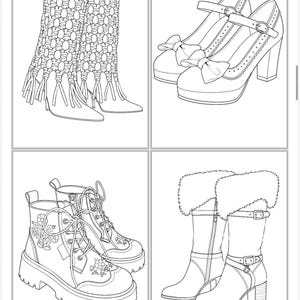 May include: A black and white line art illustration featuring four distinct footwear styles: a pair of macrame-style boots with fringe, a pair of heeled Mary Jane shoes with bows, a pair of floral-patterned lace-up boots, and a pair of fur-trimmed boots.