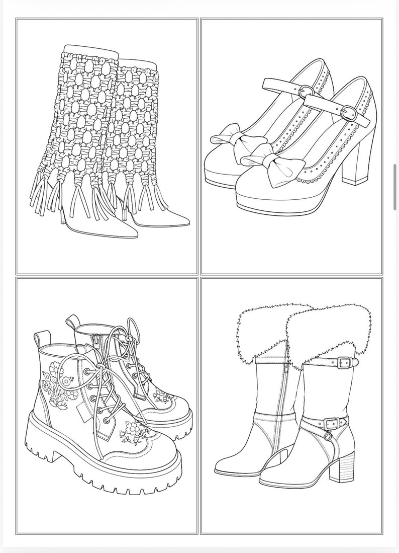 May include: A black and white line art illustration featuring four distinct footwear styles: a pair of macrame-style boots with fringe, a pair of heeled Mary Jane shoes with bows, a pair of floral-patterned lace-up boots, and a pair of fur-trimmed boots.