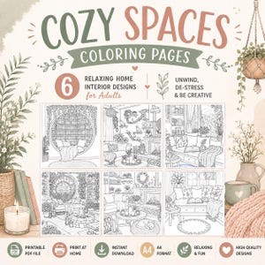May include: A digital collection of 6 Cozy Spaces coloring pages for adults featuring line art of home interiors. The text reads Cozy Spaces Coloring Pages, 6 Relaxing Home Interior Designs for Adults, Unwind, De-stress & Be Creative, Printable PDF.