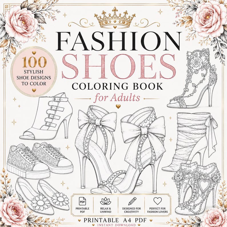 May include: A coloring book titled Fashion Shoes Coloring Book for Adults featuring 100 stylish shoe designs to color. The cover displays various line art illustrations of high heels, sneakers, and boots decorated with bows, flowers, and chains.