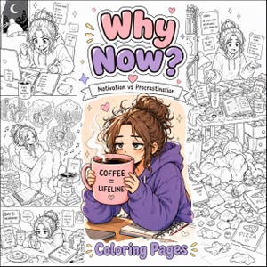 May include: A coloring page illustration with the text "Why Now? Motivation vs Procrastination" and "Coloring Pages". The image features a woman with a coffee mug that says "Coffee = Lifeline". The image is in black and white.