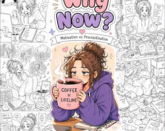 May include: A coloring page illustration with the text "Why Now? Motivation vs Procrastination" and "Coloring Pages". The image features a woman with a coffee mug that says "Coffee = Lifeline". The image is in black and white.