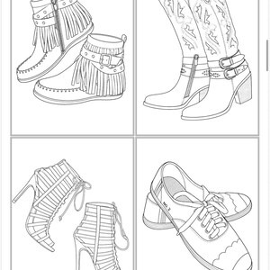 May include: A black and white line art illustration featuring four distinct footwear styles: two ankle boots with fringe and buckles, two tall western-style boots with decorative stitching, two high-heeled strappy sandals, and two lace-up shoes labeled No. 2.