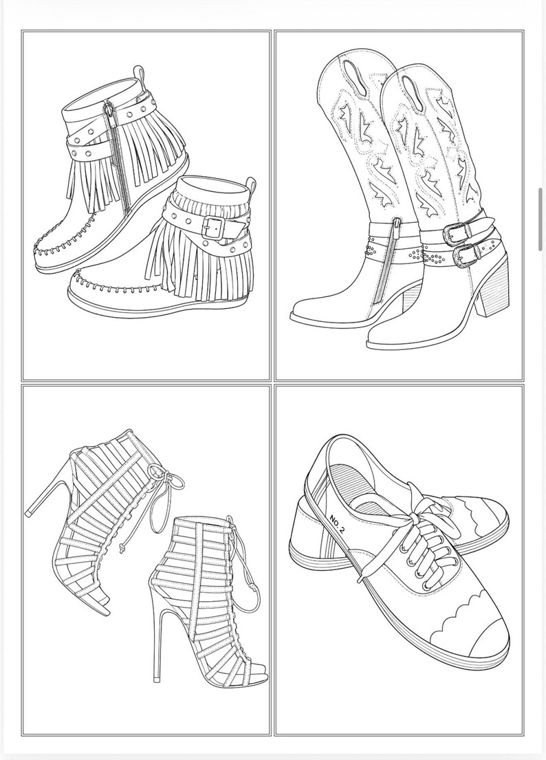 May include: A black and white line art illustration featuring four distinct footwear styles: two ankle boots with fringe and buckles, two tall western-style boots with decorative stitching, two high-heeled strappy sandals, and two lace-up shoes labeled No. 2.