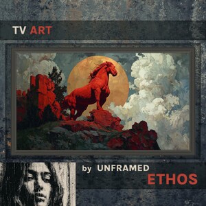 Op de afbeelding: Een ingelijst kunstwerk met een rood paard op een rotsachtige uitloper tegen een grote gele zon en een bewolkte lucht. De tekst "TV ART" staat bovenaan en "by UNFRAMED ETHOS" onderaan.