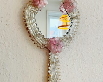 ヴィンテージ ベネチアン ムラーノガラス ハンドミラー | ピンク色 | 1960年代