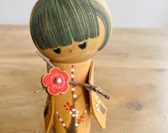 Vintage Chestnut Wooden Okamoto Sosaku Kokeshi Doll | Hand Made Folk Art | Usaburu | Japanese