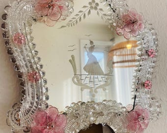 希少なヴィンテージ ベネチアン ムラーノガラス ミラー（彫刻入りフィギュア付き） | イタリア製 | 1960年代