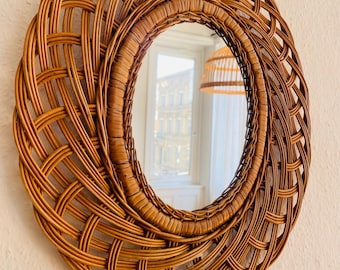 Vintage French Oval Rattan Mirror | 1950s