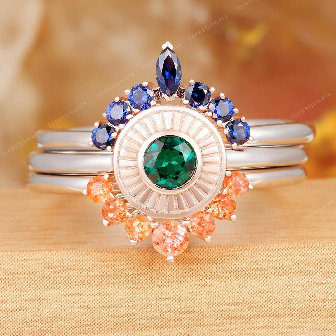 Vintage Sunburst 3-piece Sun Ring Set -emerald Engagement Ring With ...
