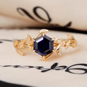 Hexagon Blue Sapphire Ring Rose Gold, Lab Gemstone Twig Engagement Ring, Dainty Leaf Branch Promise Anniversary Gift