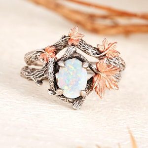 Ahornblatt Ring Set | Opalring | Vergoldeter Sterlingsilber-Natur-Schmuck | Oktober Geburtsstein | Benutzerdefinierte Edelstein Geschenk