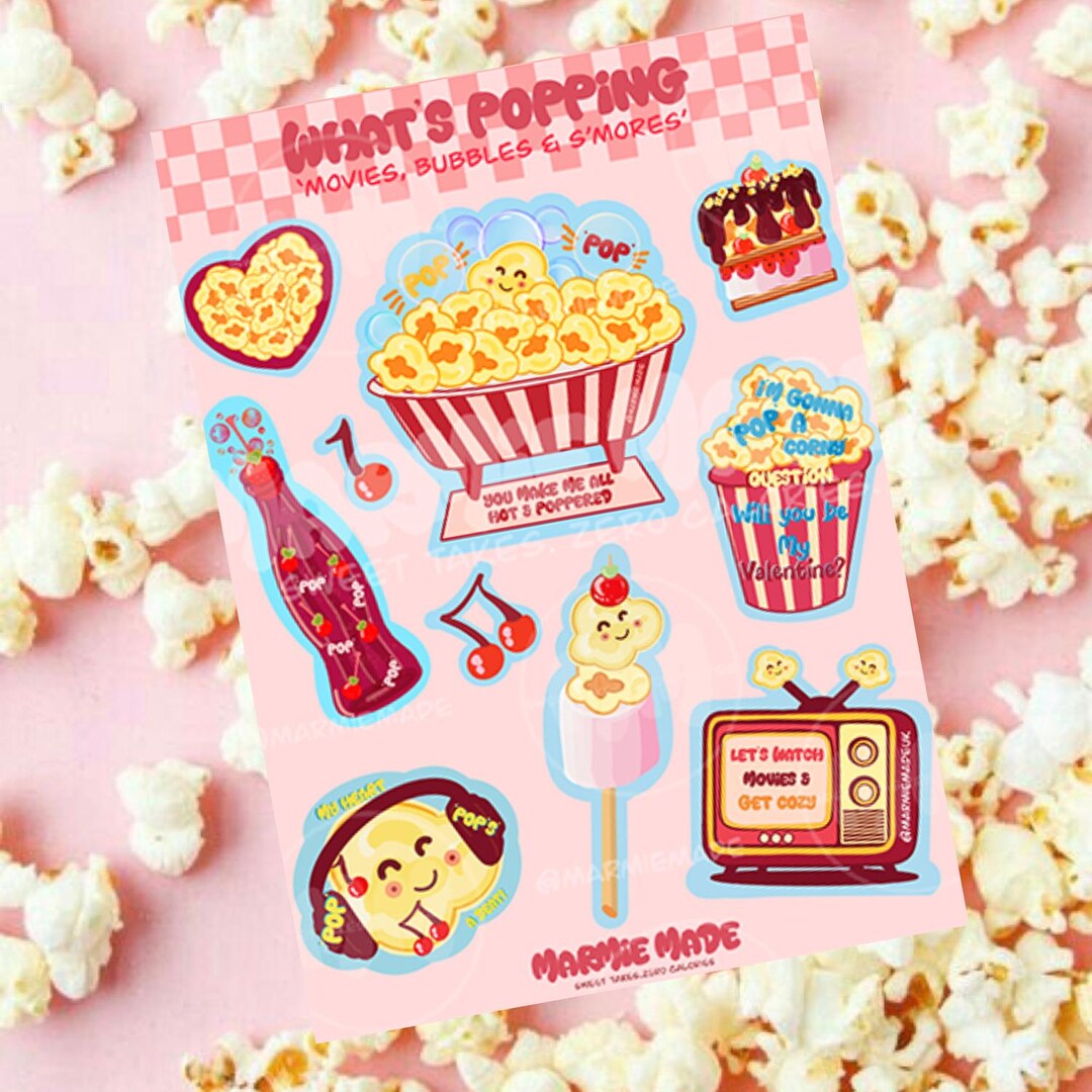 Popcorn & Movie Inspired Sticker Sheets / Valentine / Whimsical Hand ...