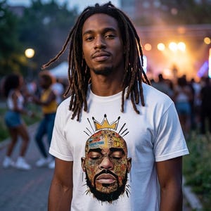 Könnte beinhalten: Ein weißes T-Shirt mit einer Grafik eines Mannesgesichts, einer Krone und den Worten "PURSUING NEAR FUTURE" und "HUB LIFE". Der Mann hat Dreadlocks. Der Hintergrund zeigt eine Menschenmenge und Lichter.