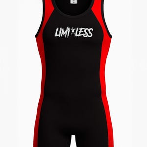 May include: Black and red athletic singlet with the word "LIMITLESS" in white across the chest. The singlet has a black torso with red panels on the sides and shoulders. The neckline and armholes are black.