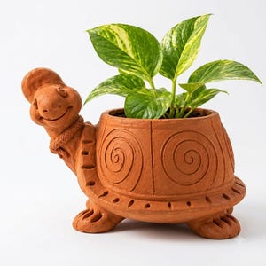 Terracotta Turtle Planter, Handmade Clay Animal Plant Pot for Succulents, Rustic Boho Garden Decor