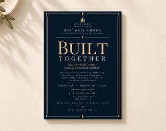 Puede incluir: Una tarjeta de invitación azul marino oscuro con texto dorado que dice "BUILT TOGETHER" y "HARTWELL GROUP CLIENT & PARTNER APPRECIATION". La tarjeta incluye detalles del evento para el jueves 18 de marzo de 2027, en The Board Room, The Langford Club, Nueva York.