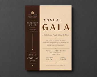 Puede incluir: Una tarjeta de invitación rectangular con un panel izquierdo marrón oscuro y un panel derecho crema. El texto incluye ANNUAL GALA, A Night for the People Behind the Work, BRADFORD & LANE y los detalles del evento del viernes 12 de enero de 2029.