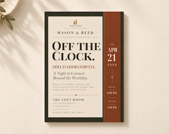 Puede incluir: Una tarjeta de invitación rectangular con fondo crema y detalles en negro y color óxido. El texto dice: Mason & Reed, Off The Clock, Still In Good Company, A Night to Connect Beyond the Workday, The Loft Room, The Alder House, Austin Texas, Fri Apr 21 2028, Drinks 6:30 PM, Dinner 7:30 PM, Kindly Reply By April 7.