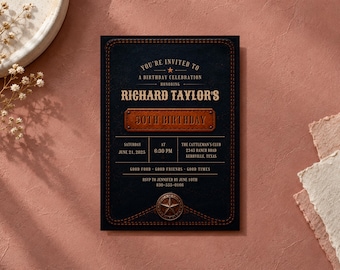 May include: A rectangular birthday invitation card with a dark navy blue background and a brown leather-textured border. The text reads: You're invited to a birthday celebration honoring Richard Taylor's 50th birthday, Saturday June 21, 2025.