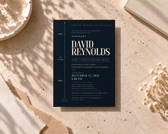 Puede incluir: Una tarjeta de invitación de jubilación azul marino oscuro con texto blanco que dice End of Watch, en honor al sargento David Reynolds tras 33 años de servicio, con un gráfico de línea de tiempo y la fecha del 12 de diciembre de 2026.